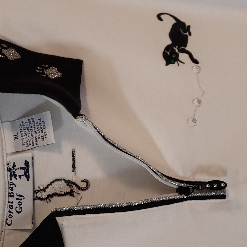 Womens Golf Polo Coral Bay White Sz XL Silver Cat Paws,Navy Collar